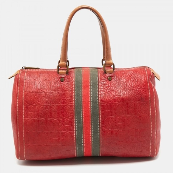 CH Carolina Herrera Red Monogram Leather Andy Boston Bag - Picture 5 of 17
